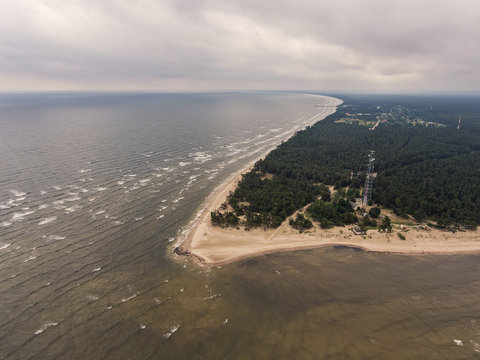 Aerial view of Kolka cape, Baltic sea, Latvia. During summer cloudy day.