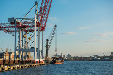 Fototapeta na wymiar A view of the cargo port and cranes, a ship with containers at the pier. Sunny day, calm water of the sea. Ukraine. Black Sea. 