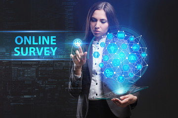 The concept of business, technology, the Internet and the network. A young entrepreneur working on a virtual screen of the future and sees the inscription: Online survey