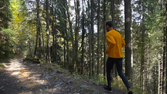 man running in mountain forest. Trail running