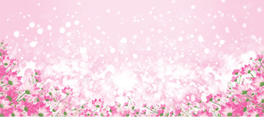 Fototapeta na wymiar Vector pink floral border on pink bokeh background.