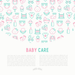 Baby care concept with thin line icons: newborn, diaper, pacifier, crib, footprints, bathtub with bubbles. Vector illustration for banner, web page, print media.