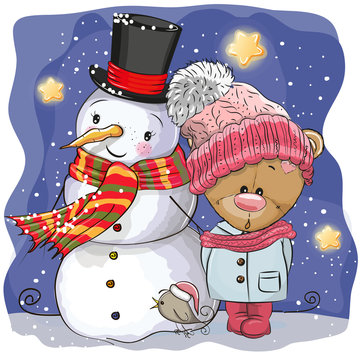 Snowman and Cute Cartoon Teddy Bear girl