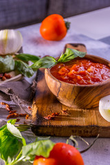 Sauce arrabiata made with tomato, onion and chili pepper spicy.