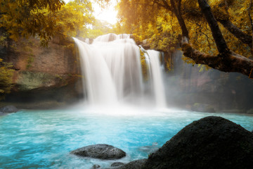 Fototapeta na wymiar Amazing beautiful waterfalls in tropical forest at Haew Suwat Waterfall in Khao Yai National Park, Nakhonratchasima, Thailand