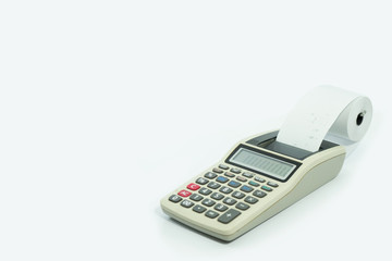 Calculator with printed receipt on isolated white