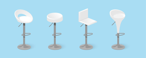 Set of white bar stools. Bar chair. High chair. Bar interior design. Vector illustration