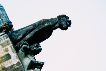 Czech architecture, scary gargoyle sculpture, gothic temple decoration. Medieval art, mystic...