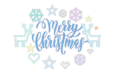 Merry Christmas embroidery font and knitted decorations for holiday greeting card design. Vector Christmas calligraphy text, deer or snowflake and star decoration knitting on white New Year background