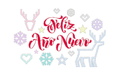 Feliz Ano Nuevo Spanish Happy New Year calligraphy font embroidery decoration for holiday greeting card design. Vector Christmas deer, snowflake decoration knitted pattern on white Xmas background