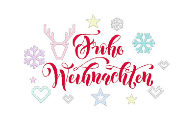 Fototapeta premium Frohe Weihnachten German Merry Christmas knitted calligraphy font decoration for holiday greeting card design. Vector Christmas deer, snowflake decoration embroidery pattern New Year white background