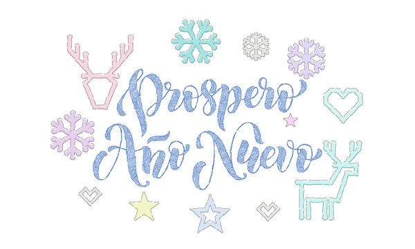 Prospero Ano Nuevo Spanish New Year knitted calligraphy font decoration for holiday greeting card design. Vector Christmas deer, snowflake decoration embroidery pattern on Xmas white background