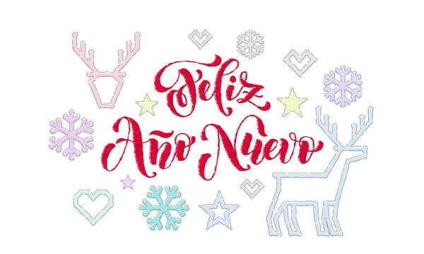 Feliz Ano Nuevo Spanish Happy New Year calligraphy font embroidery decoration for holiday greeting card design. Vector Christmas deer, snowflake decoration knitted pattern on white Xmas background