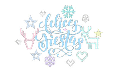 Felices Fiestas Spanish Happy Holidays calligraphy font embroidery decoration for greeting card design. Vector Christmas deer, New Year snowflake decoration knitted pattern on white background
