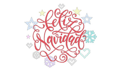 Feliz Navidad Spanish Merry Christmas calligraphy font embroidery decoration for holiday greeting card design. Vector Christmas deer, snowflake New Year decoration knitted pattern on white background