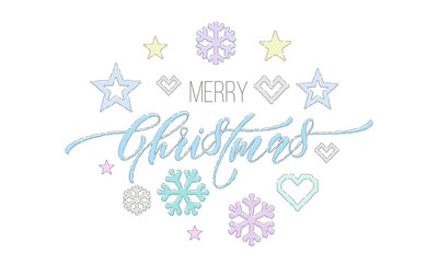Merry Christmas embroidery font and decorations for holiday greeting card design. Vector Christmas knitted calligraphy text, New Year deer or snowflake and star decoration pattern on white background