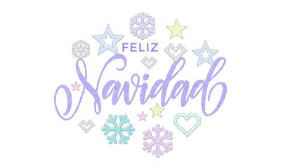 Feliz Navidad Spanish Merry Christmas embroidery font knitted decoration for holiday greeting card design. Vector Christmas calligraphy text, deer or snowflake decoration on white New Year background