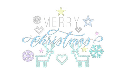 Merry Christmas calligraphy font and embroidery decorations for holiday greeting card design. Vector Christmas deer, snowflake and star decoration knitted pattern on white New Year background