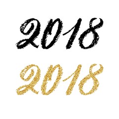 2018 new year hand lettering with golden glittering sequins texture text, festive writing typography design. Vector illustration.