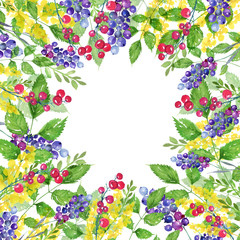     Watercolor abstract background with a floral pattern. Green, yellow, blue splash of paint, leaves, plants. Berries of currants, mimosa, yellow wild flower. Red currant. Watercolor vintage card