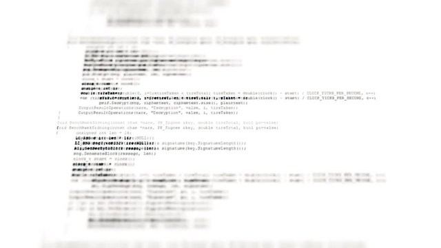A flow of scrambled source code text (instructions for a computer program) on a PC screen, fast scrolling. Black characters, white background, tilt-shift fx.
