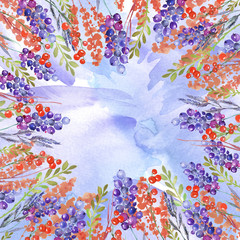 Fototapeta na wymiar Watercolor abstract background with a floral pattern. purple, blue, red splash of paint, leaves, plants. Berries of currants, wild flower. Watercolor vintage card, invitation. 