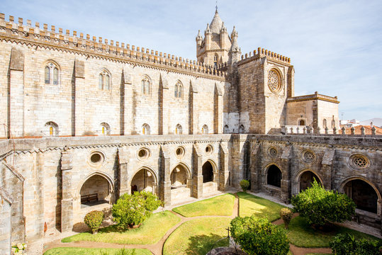 View on the courtyard of the old cathedral in Evora city in Portugal