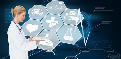 Composite image of blonde doctor using laptop