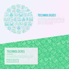 Technologies concept in circle with thin line icons of: electric car, rocket, robotics, solar battery, machine intelligence, web development. Vector illustration for banner, web page, print media.