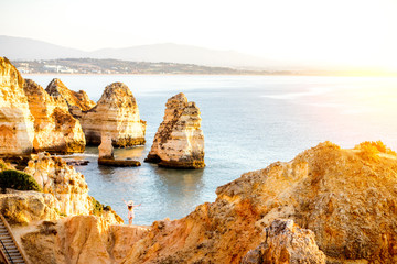 Beautiful landscape view on the rocky coastline on Ponta da Piedade near the Lagos city on the...