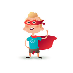 Cartoon superhero boy standing with cape waving in the wind. Happy little hero kid. Children character in red supermen cloak and carnival mask.