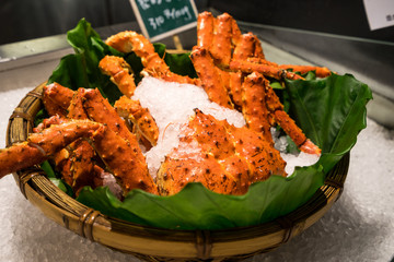 Red king crab on ice in the restaurant at Taiwan's famous aquatic market