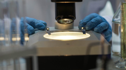 Hands of medic moving slide under microscope, microbiology research at lab