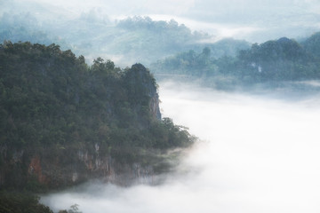 Scenic foggy valley at sunrise