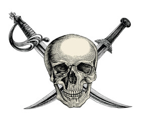 Skull with crossed swords,Pirate symbol,Logo hand drawing vintage style isolate on white background