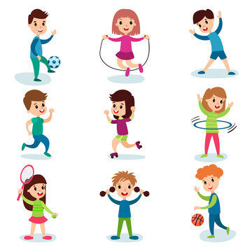 Smiling little kids characters doing different sports and playing sportive games, kids physical activity cartoon vector Illustrations
