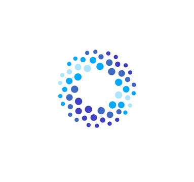 Abstract blue color round logo from circles. Water vector logotype template. Innovative cleaning and freezing method. Sparkling drink icon.