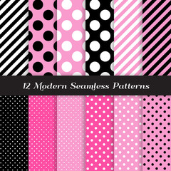 Jumbo Polka Dots, Small Polka Dots and Diagonal Stripes Patterns in Pink, Black, White and Deep Pink. Perfect for Chic Paris or Pink Pirate party background. Pattern tile swatches included. © Artefficient