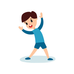 Smiling little boy character doing sport exercise, kids physical activity cartoon vector Illustration