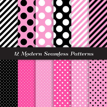 Jumbo Polka Dots, Small Polka Dots and Diagonal Stripes Patterns in Pink,  Black, White and Deep Pink. Perfect for Chic Paris or Pink Pirate party  background. Pattern tile swatches included. Stock Vector |
