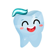Happy smiling giant tooth character, dental care and health cartoon vector Illustration