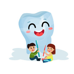 Cute little kids cleaning giant smiling tooth character with toothbrushes, dental care and health cartoon vector Illustration