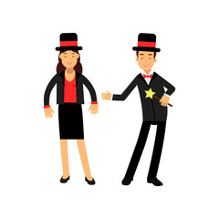 Magician with magic wand and his female assistant in elegant black suit and top hat, circus performers vector Illustration