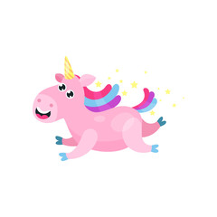 Cute cartoon pink magic unicorn with multicolored mane vector Illustration