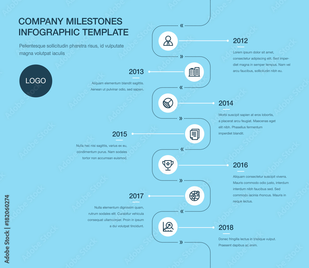 Poster vector infographic for company milestones timeline template isolated on blue background. easy to use