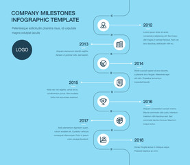 Vector infographic for company milestones timeline template isolated on blue background. Easy to use for your website or presentation.