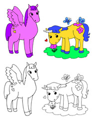 Coloring cartoon cute unicorn and pegasus vector