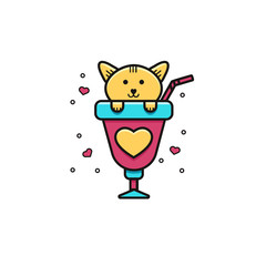 Cute kitty into cocktail glass flat color line icon - Valentine's Day illustration, sticker, invitation concept. Little cat into cup - image on isolated background.