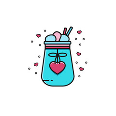 Jar of cocoa with marsmallow flat color line icon on isolated background. Hot chocolate in a mug with heart decoration. Vector image of hot drink for menu design, Valentine's Day invitation cards.