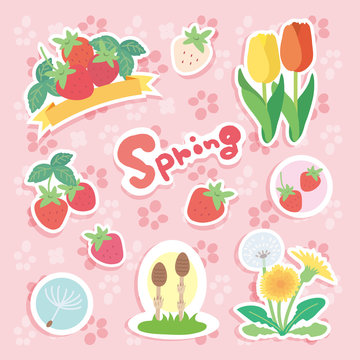春　チューリップ　いちご　タンポポ　イラスト　セット
